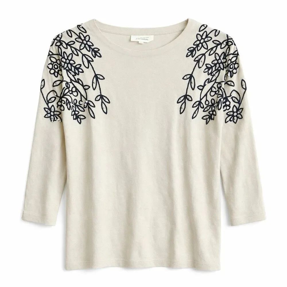 La Vila Milano Cream Pearl Embroidered Floral Knit 3/4 Sleeve Sweater M